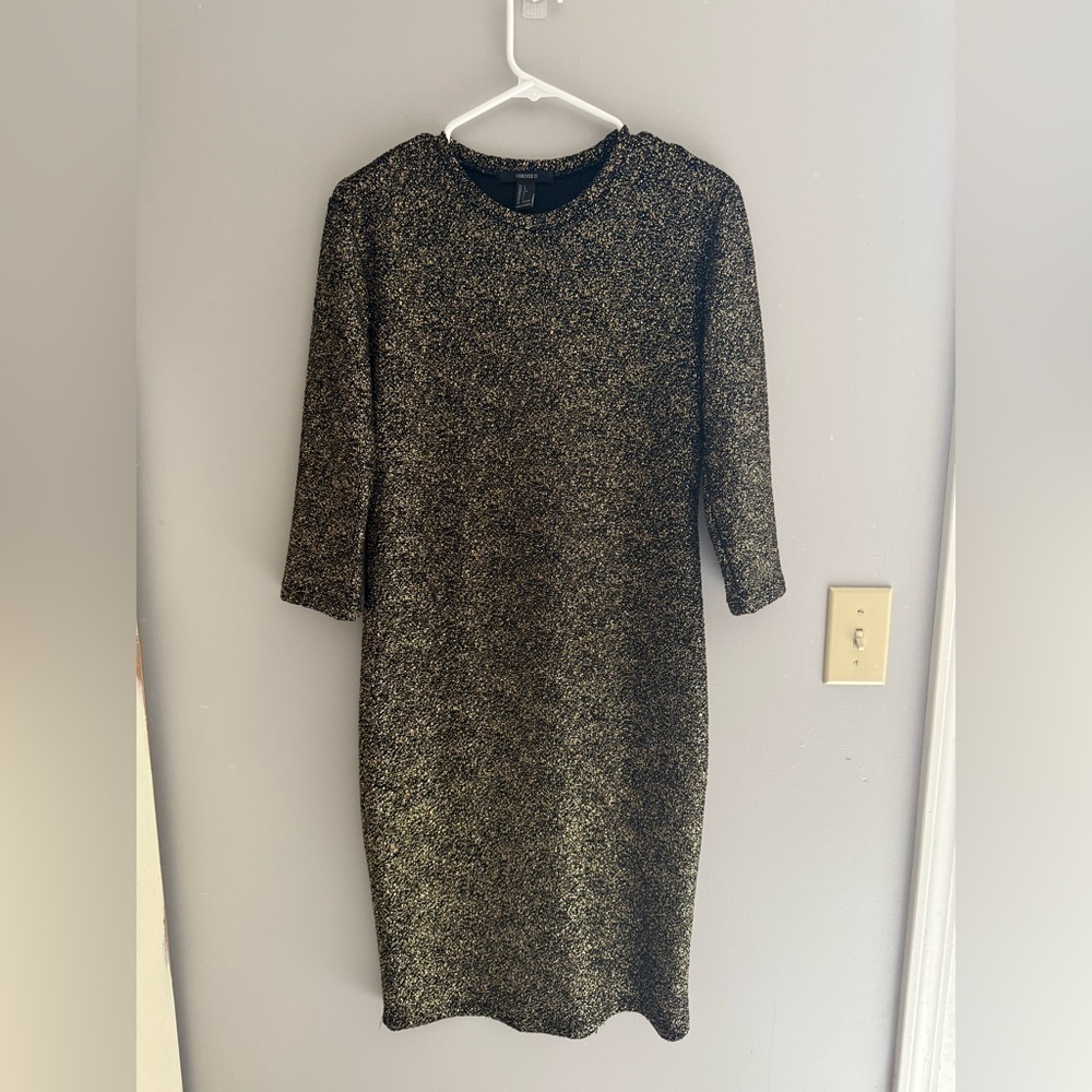 Forever 21 Long Sleeve MIDI Dress Women’s SZ L Gold Speckled Bodycon Lined Party